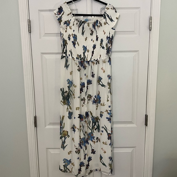 CeCe Off the Shoulder Smocked White Floral Midi Dress- Large - Picture 2 of 4